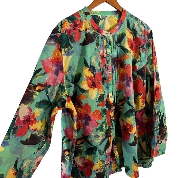 Floral Button Up Blouse Pleated Colorful Blue Pink Yellow Summer Long Sleeve Top - Picture 3 of 7